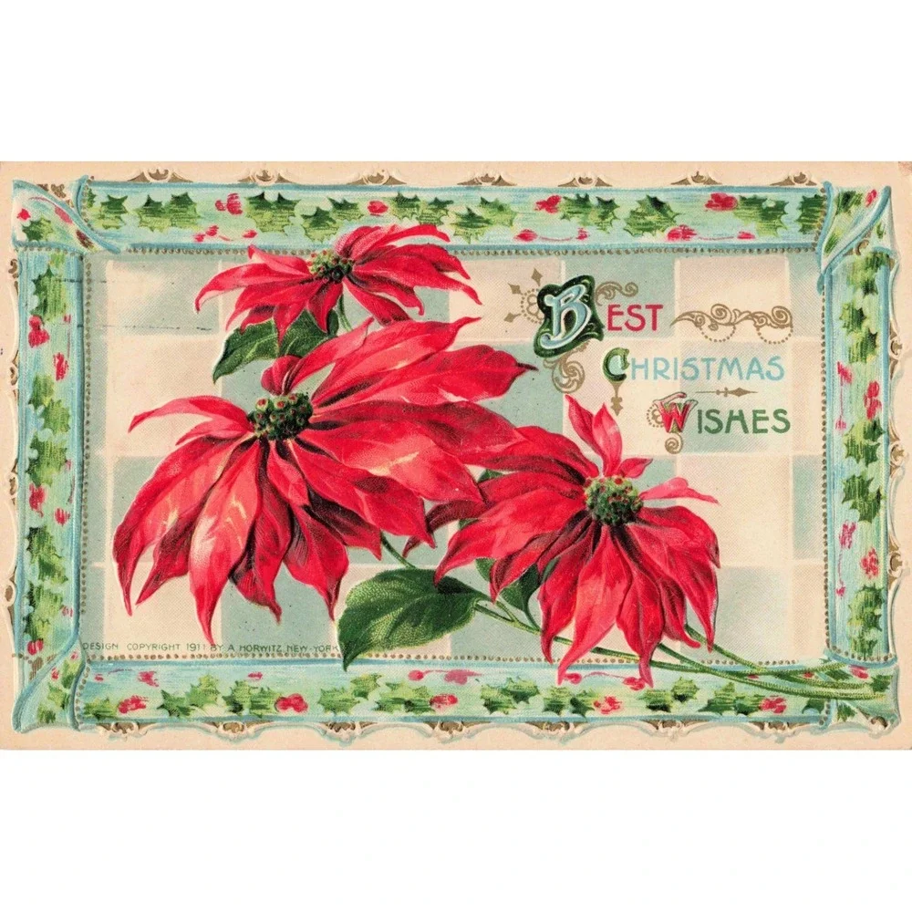 Antique 1911 Christmas Postcard Embossed Poinsettia Holly Horwitz Germany Used